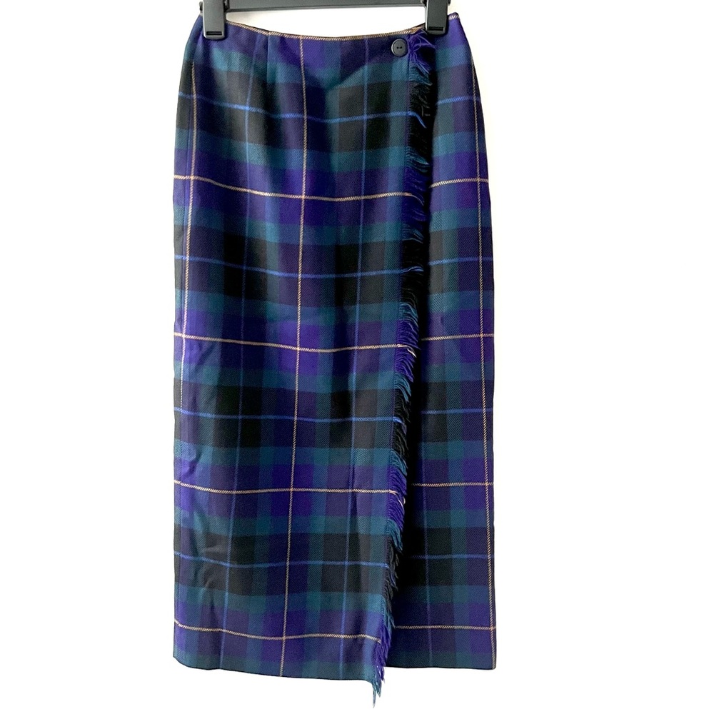 TALBOTS | Plaid Vintage Wool Wrap Long Maxi Skirt Purple Green Fringe Size 4 - Picture 1 of 11
